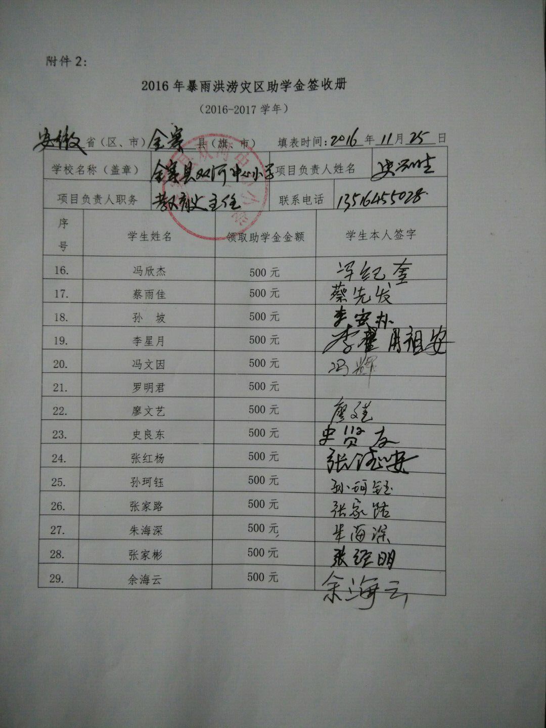 2016年金寨县双河镇暴雨洪涝灾区助学金签收花名册(在册贫困户)